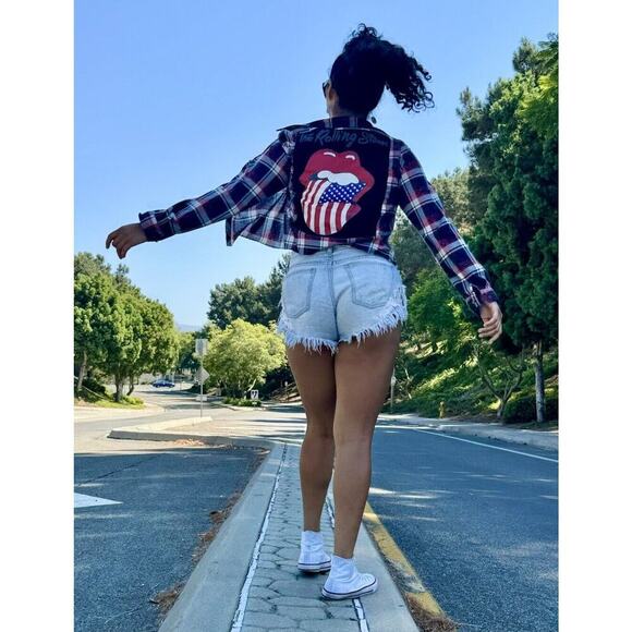 ROLLING STONES Upcycled Plaid Flannel Retro Vintage Band 60s Rock Crop Shirt L - Picture 1 of 11